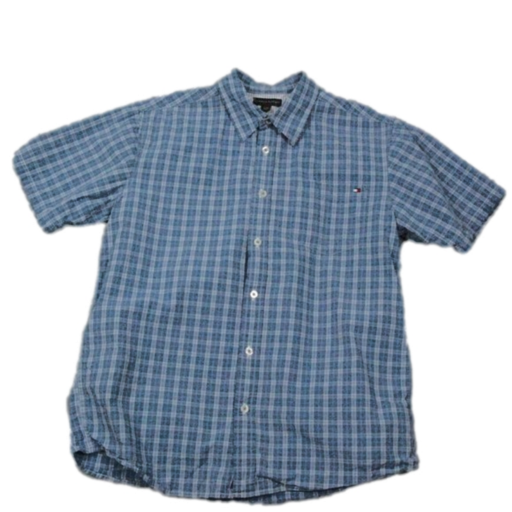 Tommy Hilfiger Men's Light Blue Plaid Short Sleeve Button Front Shirt Size XL